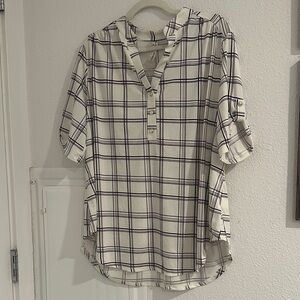 Perseption White Blouse with Black and Red Stripes